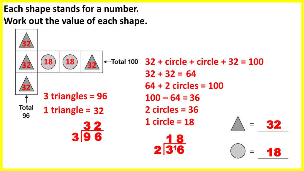 each shape stands for a number work out the value