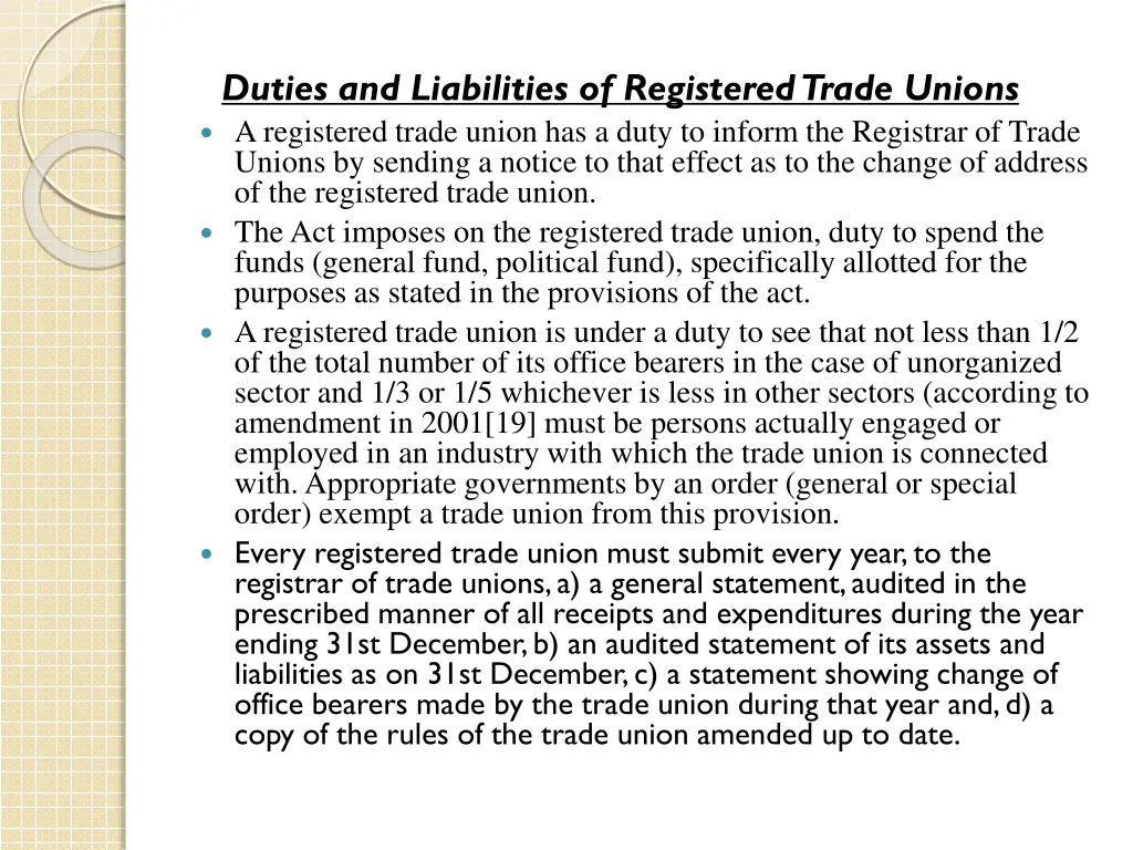 duties and liabilities of registered trade unions