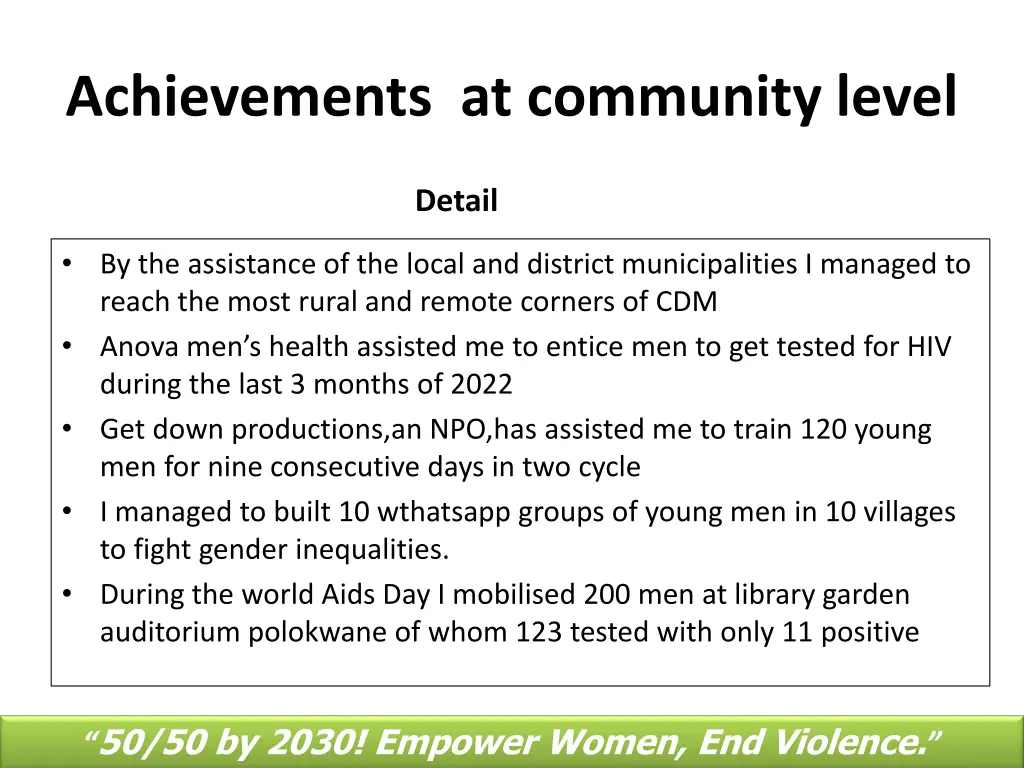 achievements at community level