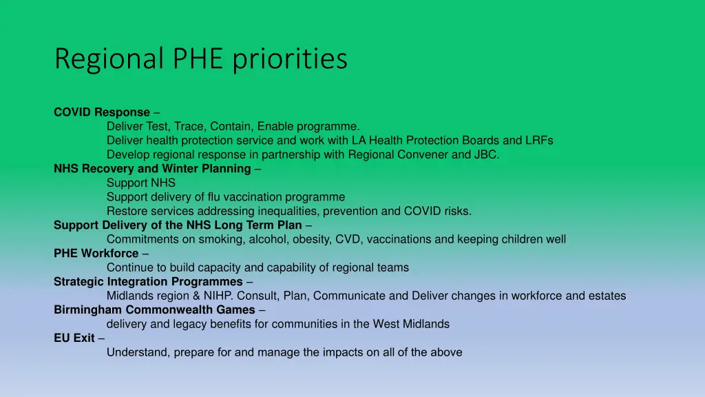 regional phe priorities