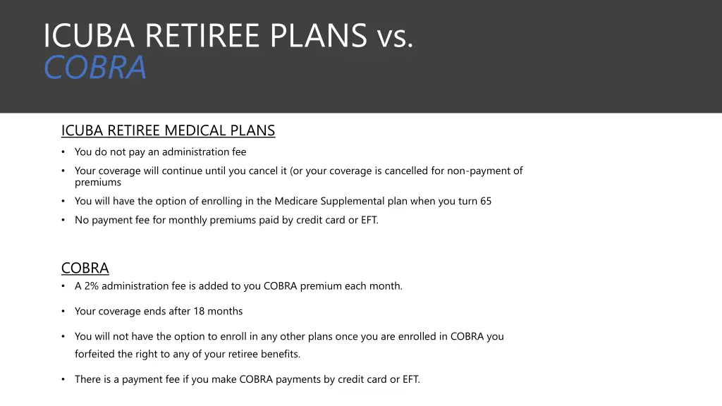 icuba retiree plans vs cobra
