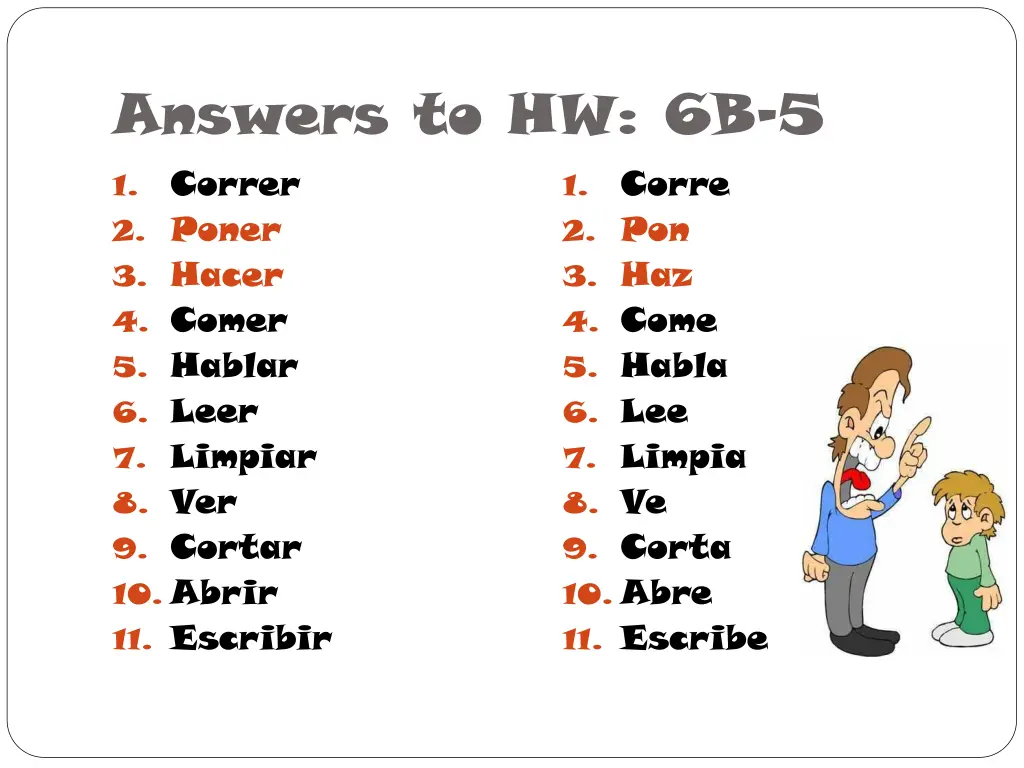 answers to hw 6b 5 correr 2 poner 3 hacer 4 comer