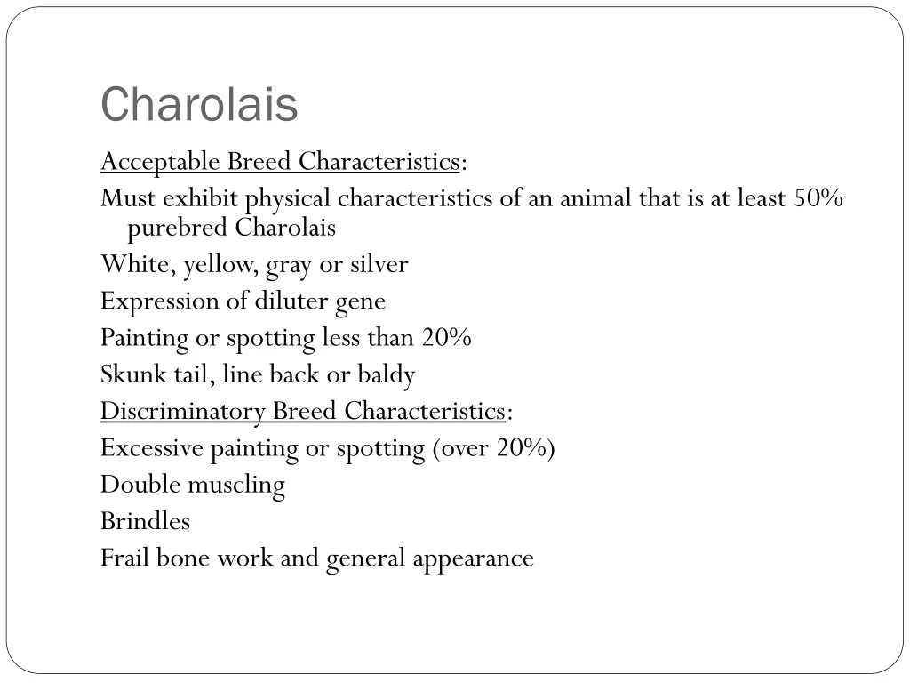 charolais acceptable breed characteristics must