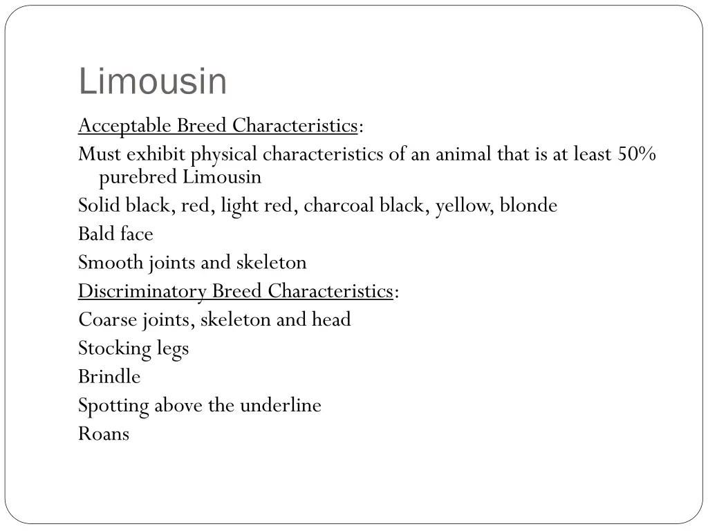 limousin acceptable breed characteristics must