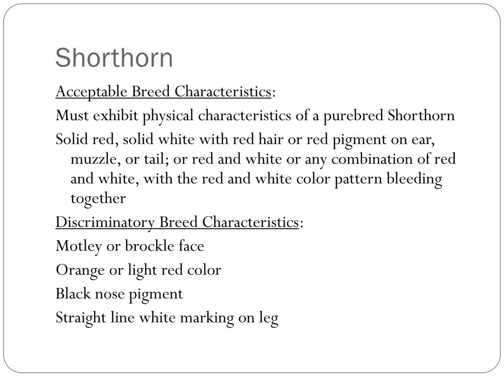 shorthorn acceptable breed characteristics must