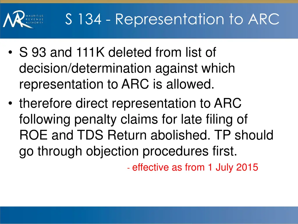 s 134 representation to arc