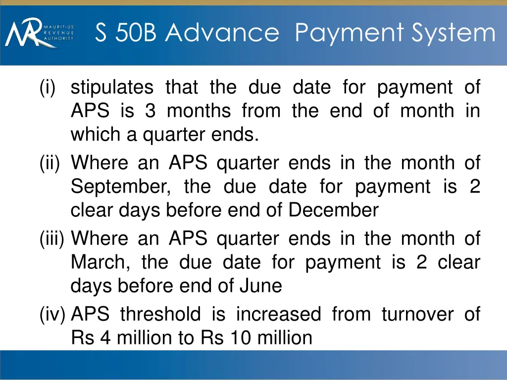 s 50b advance payment system