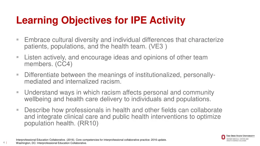 learning objectives for ipe activity