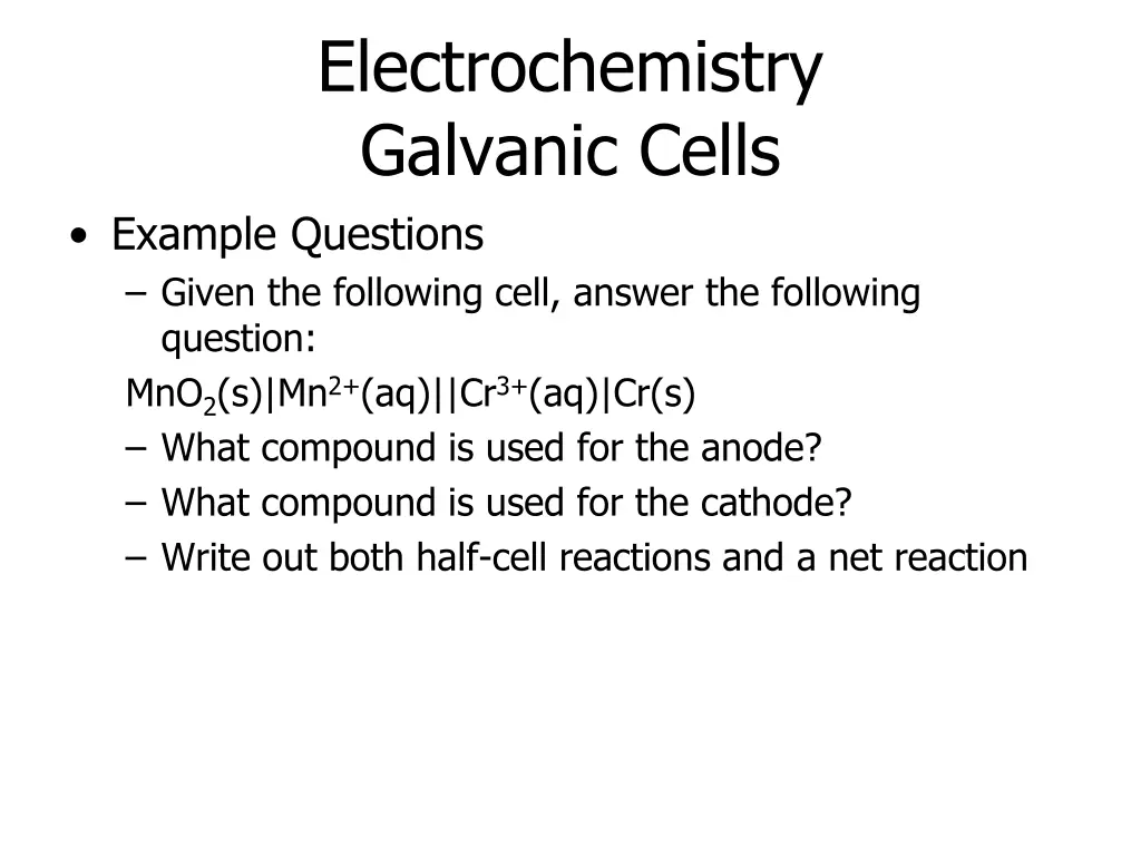electrochemistry galvanic cells example questions