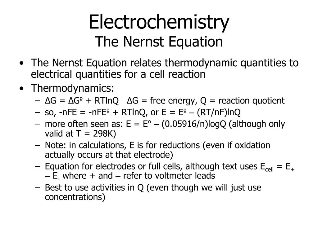 electrochemistry the nernst equation