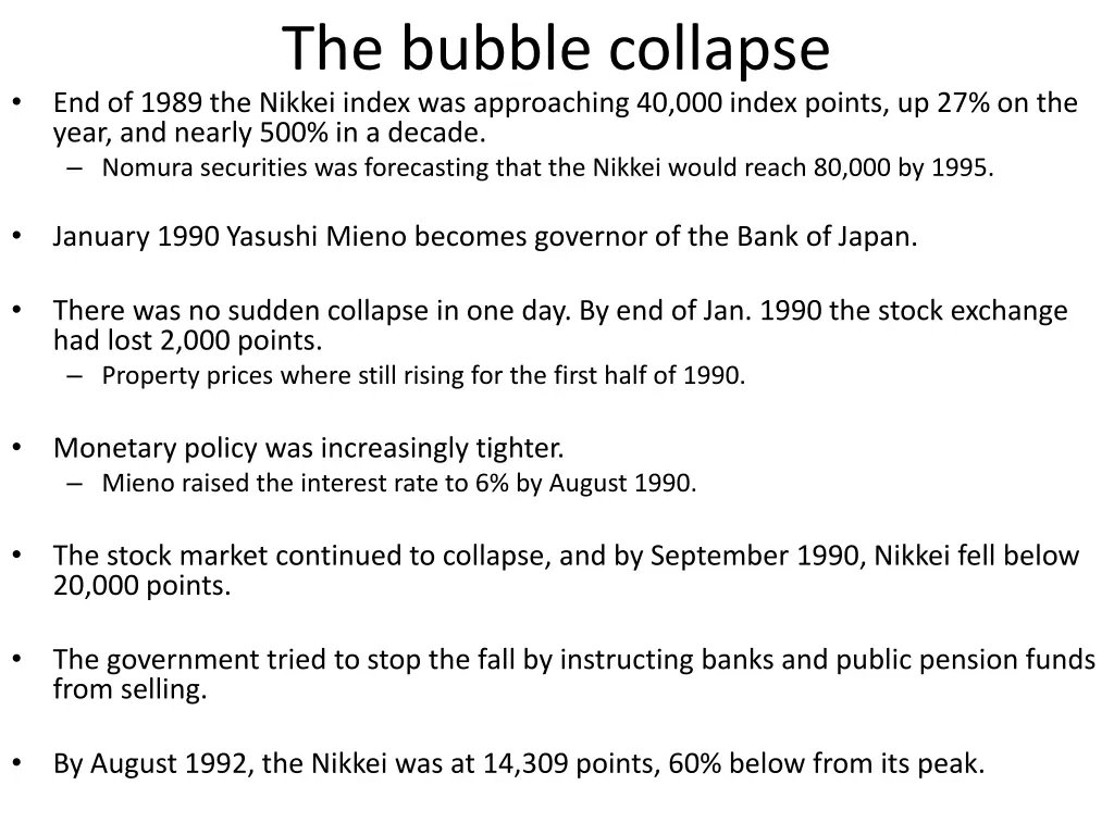 the bubble collapse end of 1989 the nikkei index