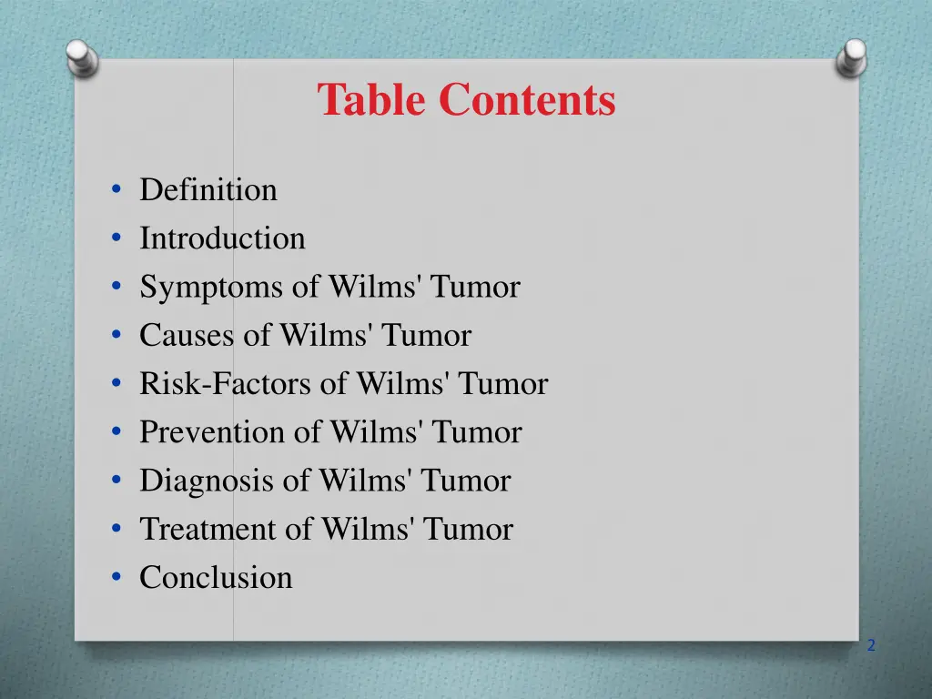 table contents