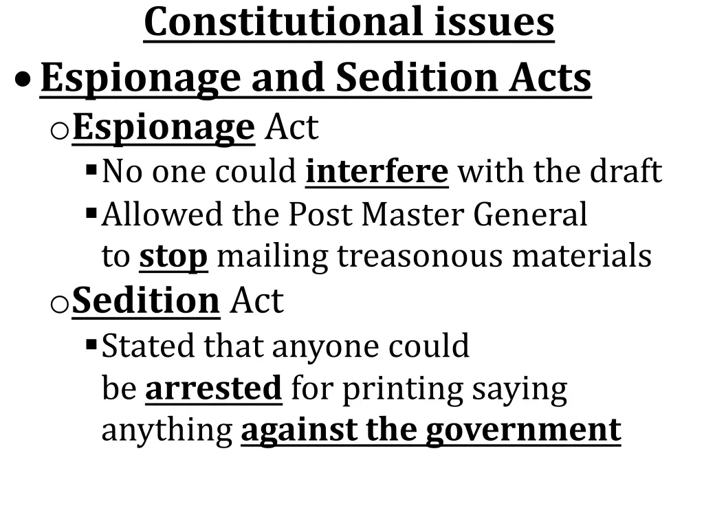 constitutional issues espionage and sedition acts