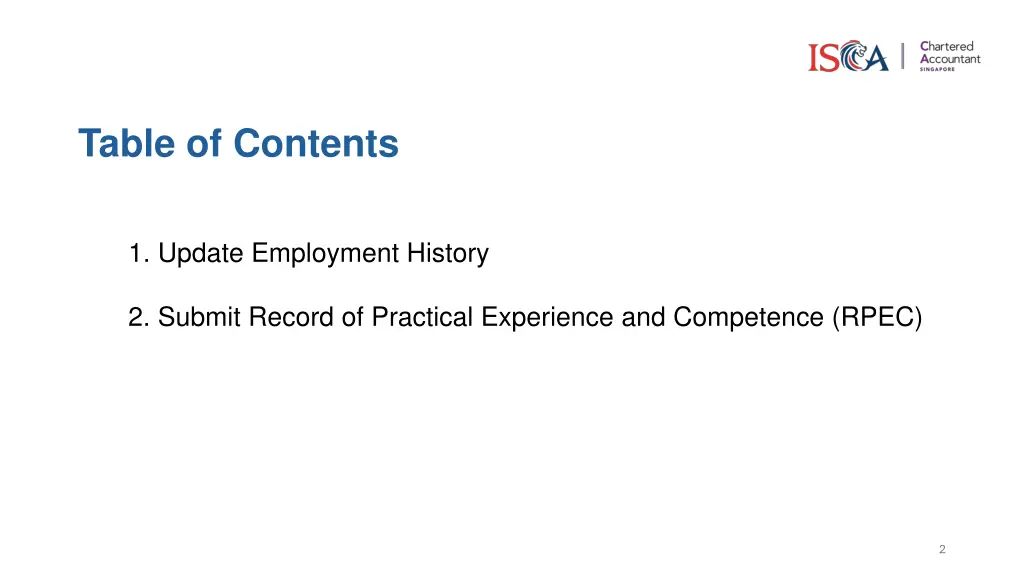 table of contents