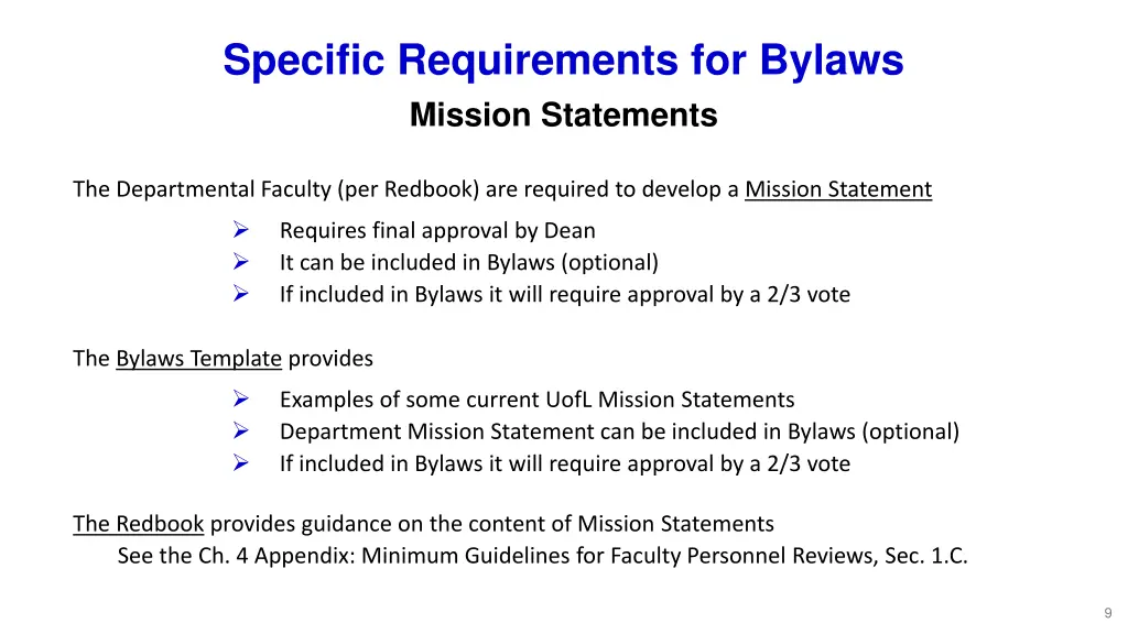 specific requirements for bylaws mission