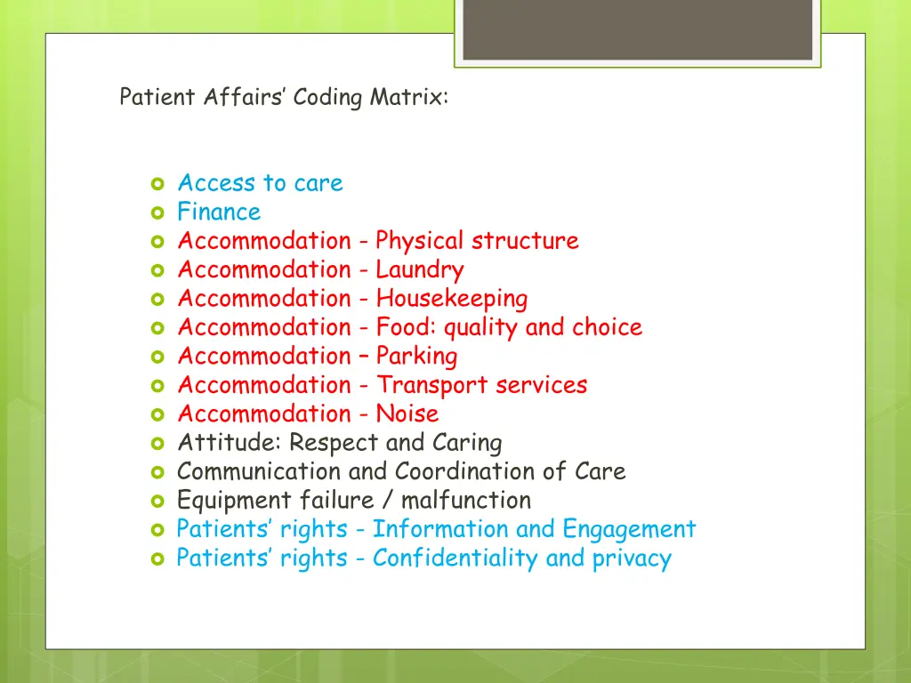 patient affairs coding matrix