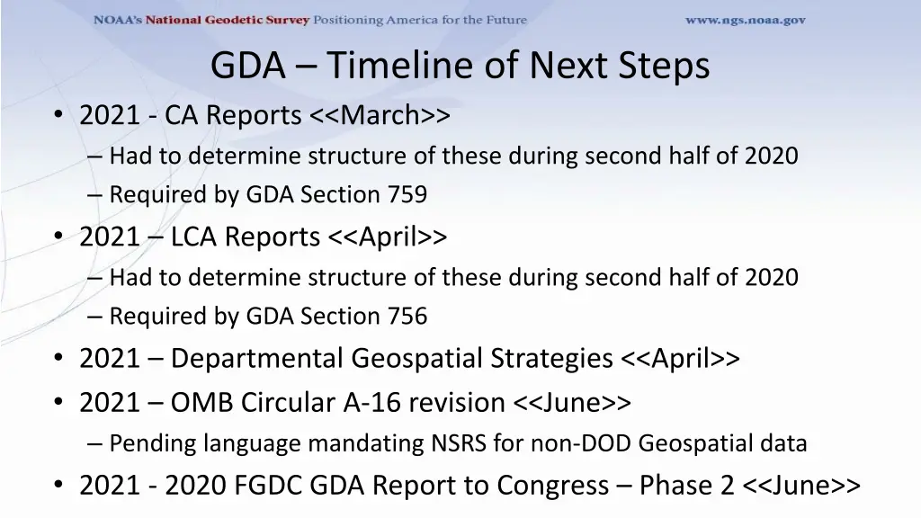 gda timeline of next steps 2021 ca reports march