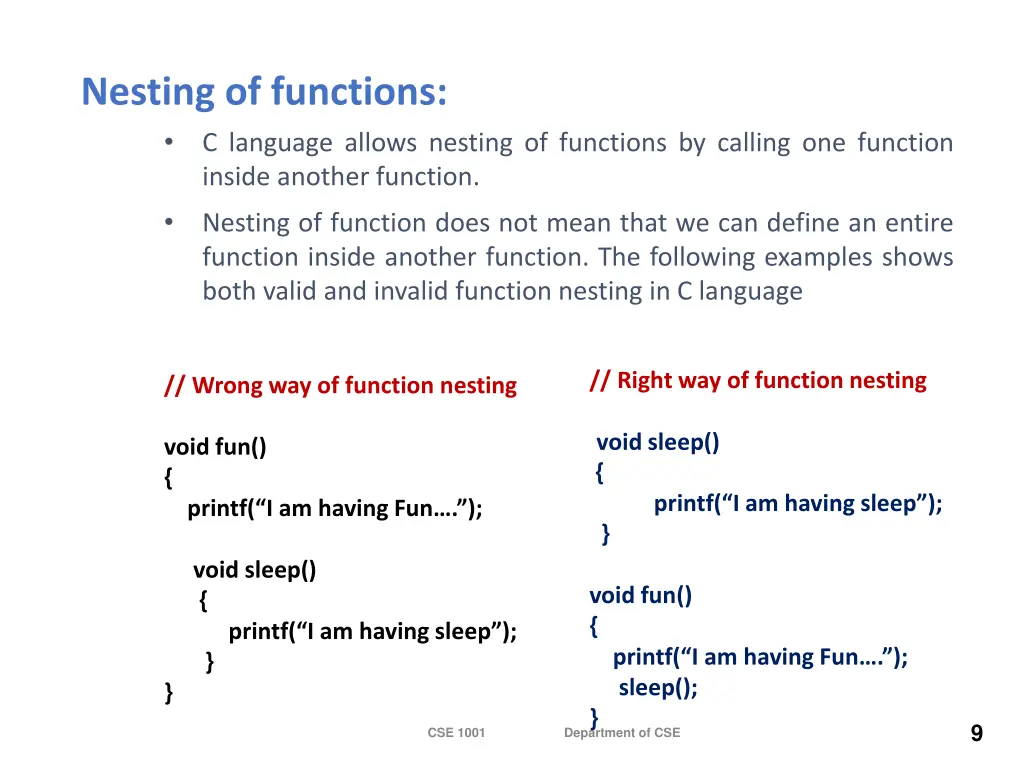 nesting of functions c language allows nesting