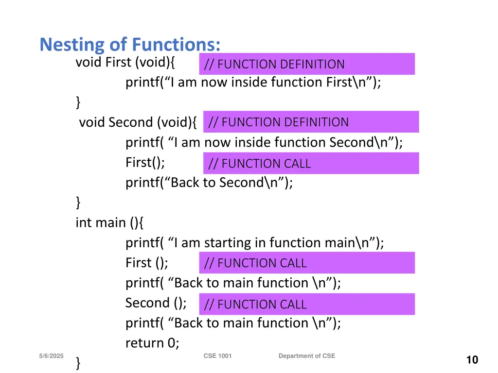 nesting of functions void first void printf