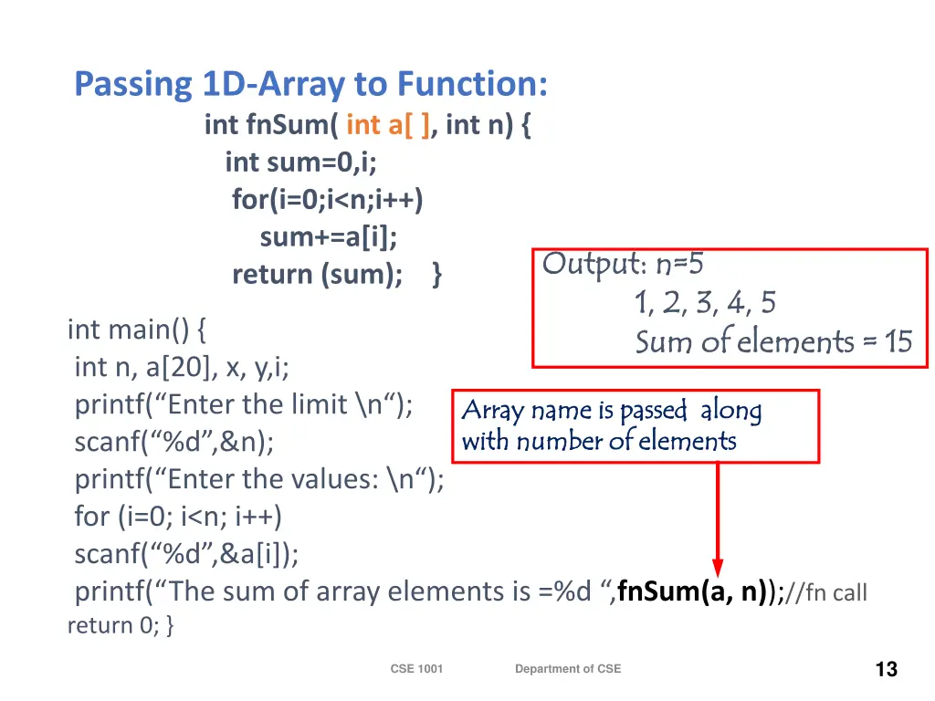 passing 1d array to function int fnsum