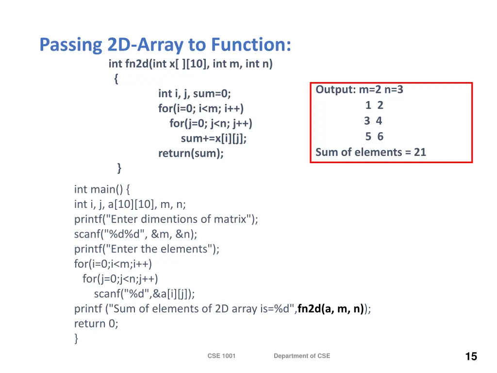 passing 2d array to function int fn2d