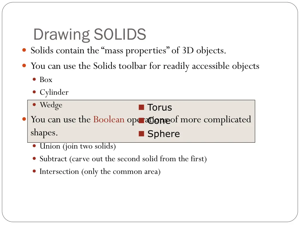 drawing solids solids contain the mass properties