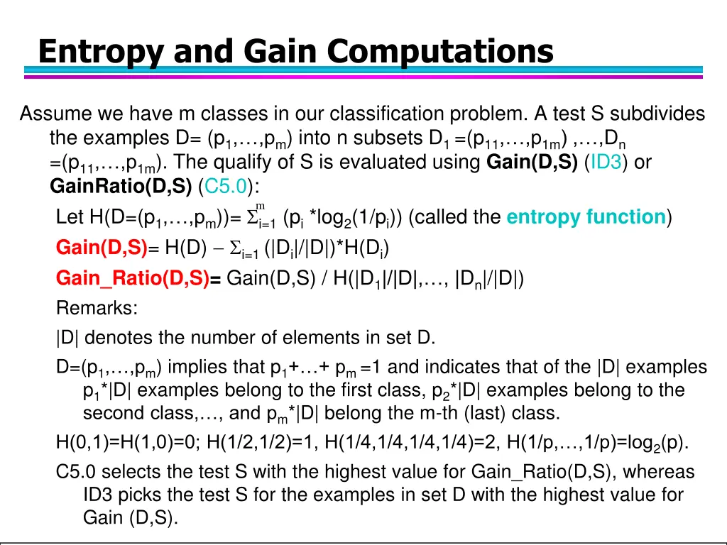 entropy and gain computations