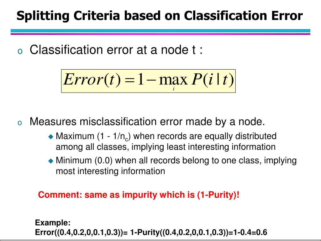 splitting criteria based on classification error