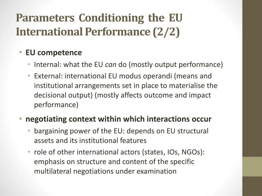 parameters conditioning the eu international 1