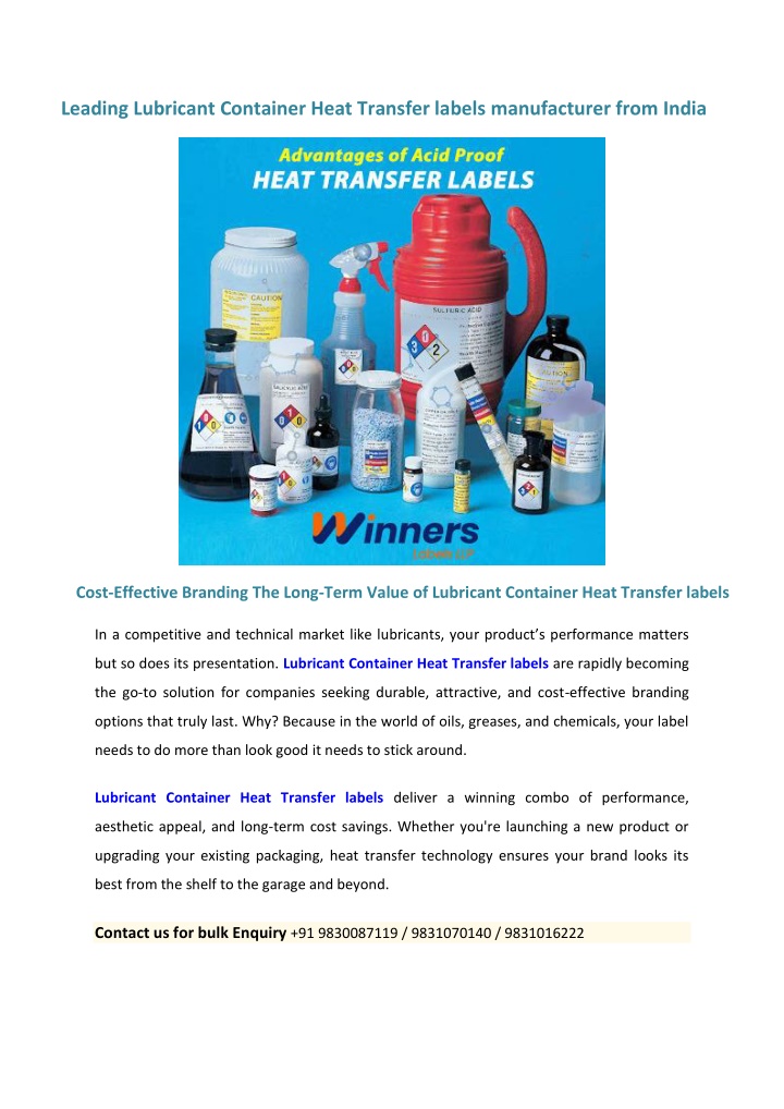 leading lubricant container heat transfer labels