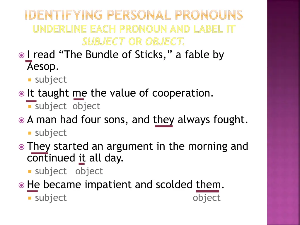 identifying personal pronouns underline each
