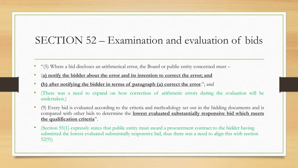 section 52 examination and evaluation of bids