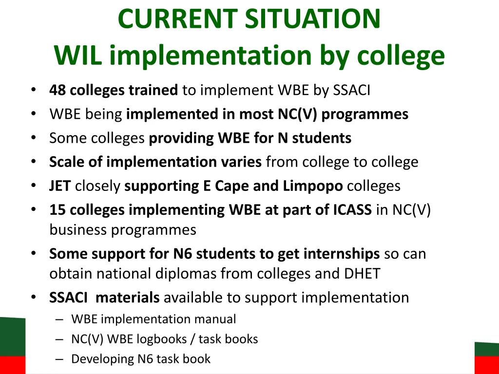 current situation wil implementation by college