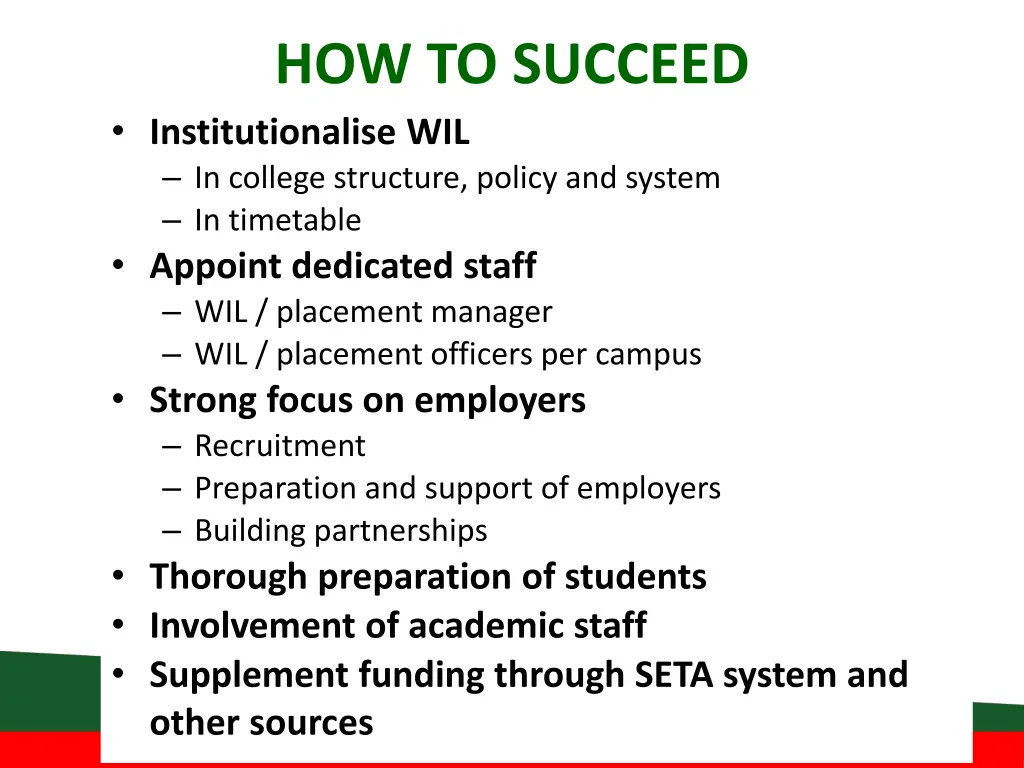 how to succeed institutionalise wil in college
