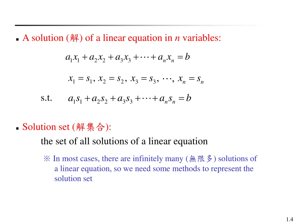a solution of a linear equation in n variables