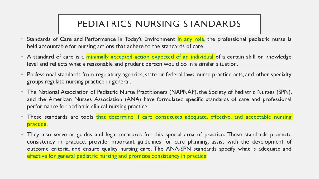pediatrics nursing standards