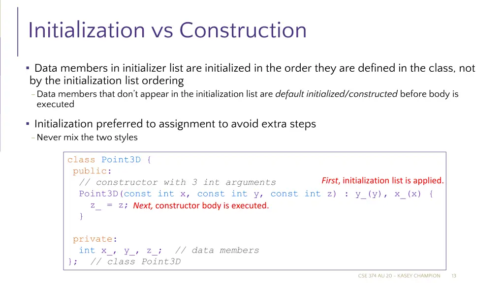 initialization vs construction