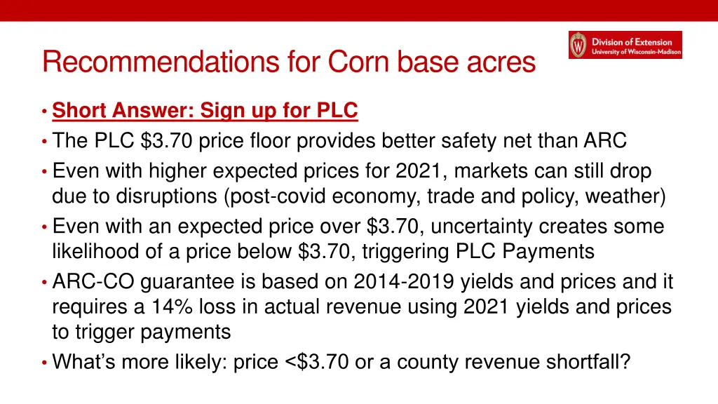 recommendations for corn base acres