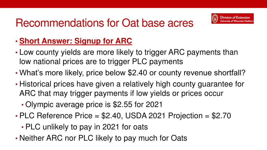 recommendations for oat base acres