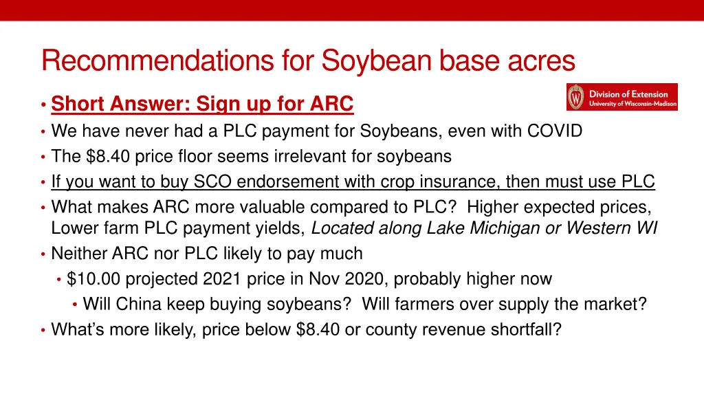 recommendations for soybean base acres