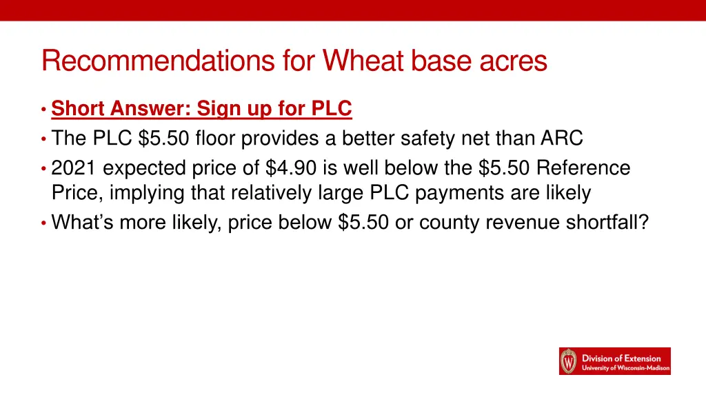 recommendations for wheat base acres