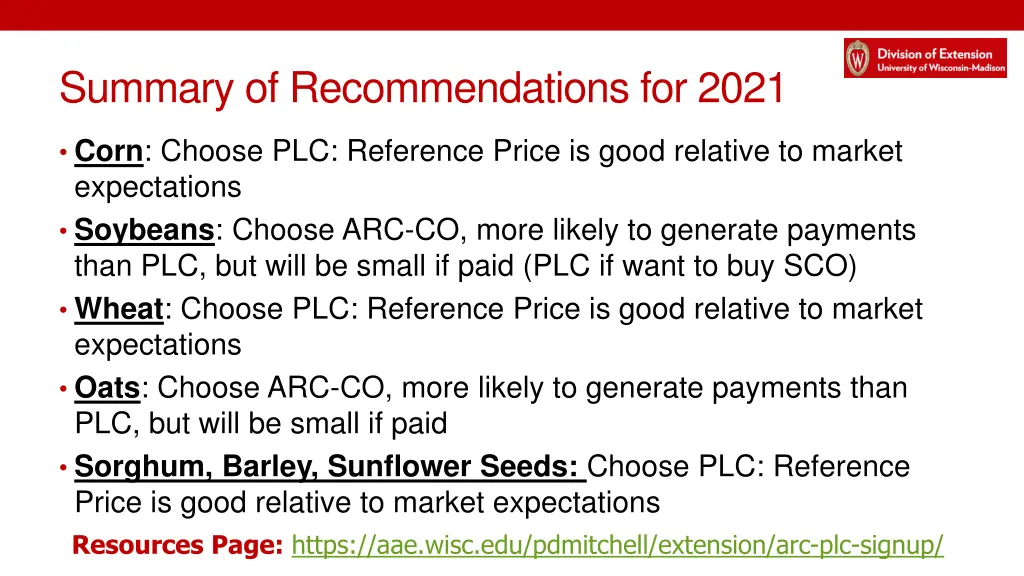 summary of recommendations for 2021