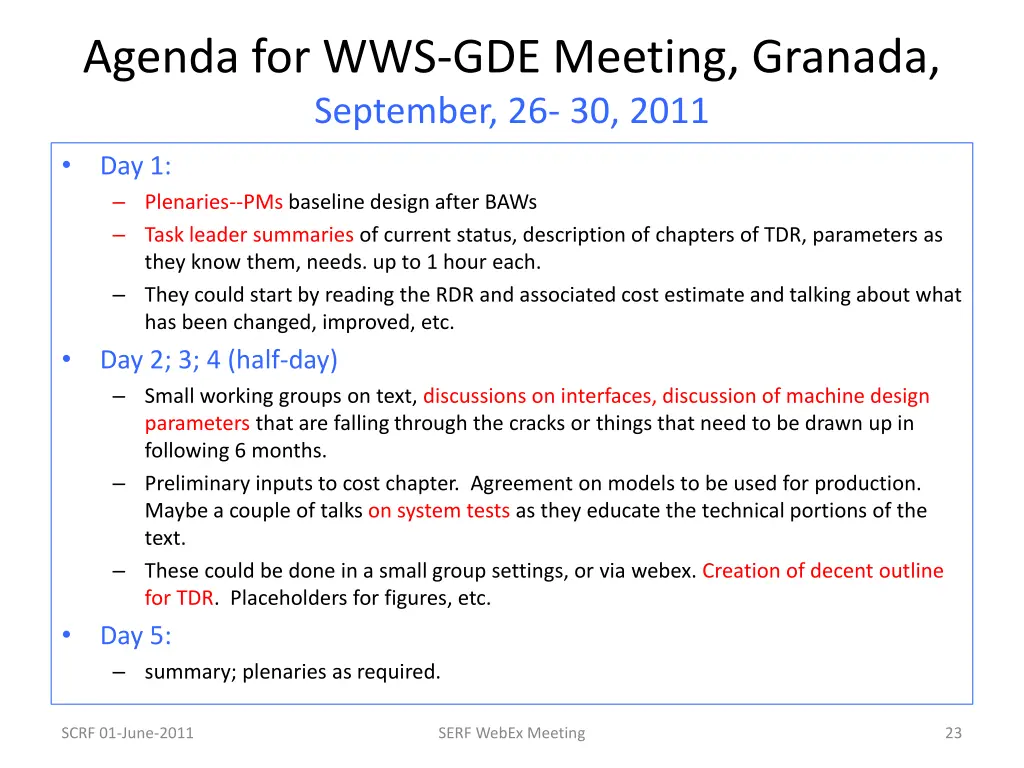 agenda for wws gde meeting granada september