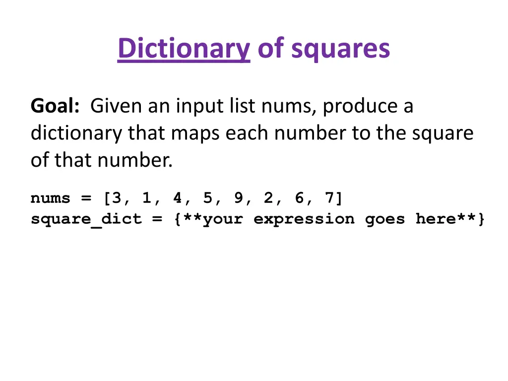 dictionary of squares
