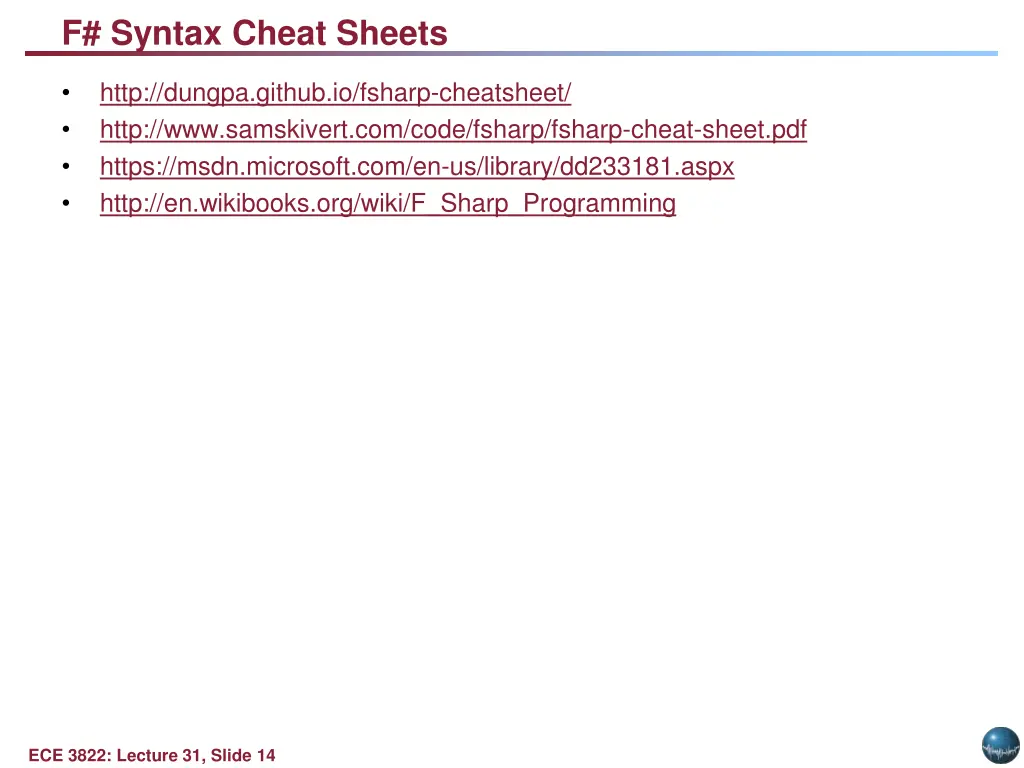 f syntax cheat sheets