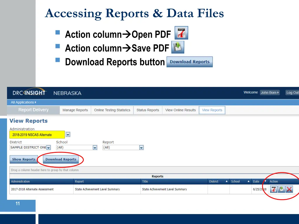 accessing reports data files action column open
