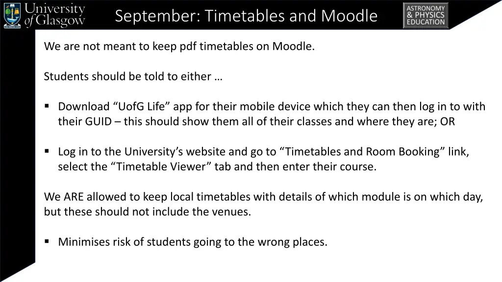 september timetables and moodle
