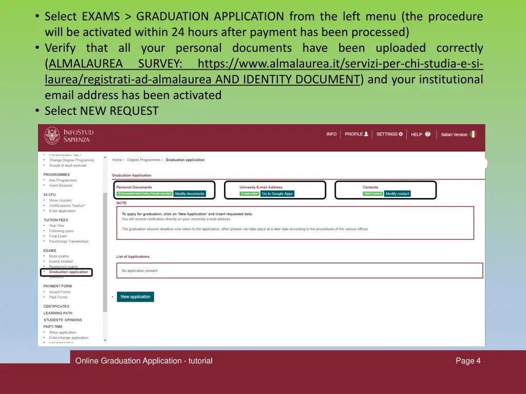 select exams graduation application from the left