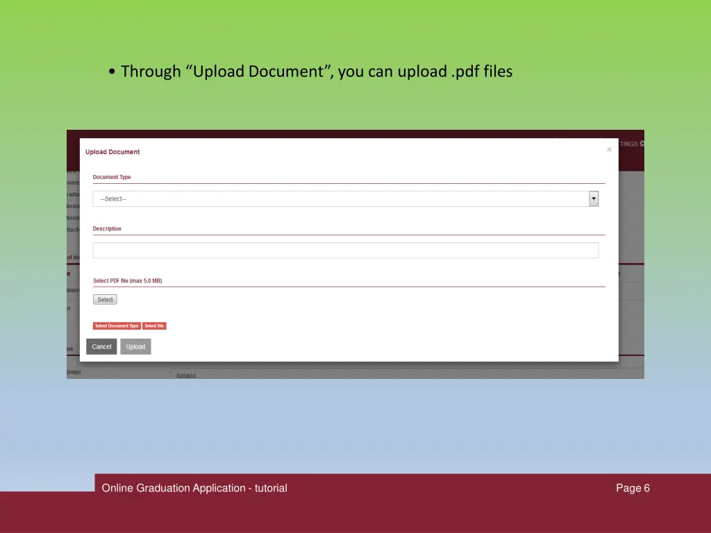through upload document you can upload pdf files