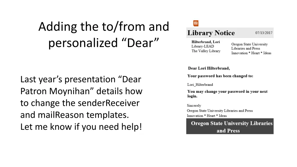adding the to from and personalized dear